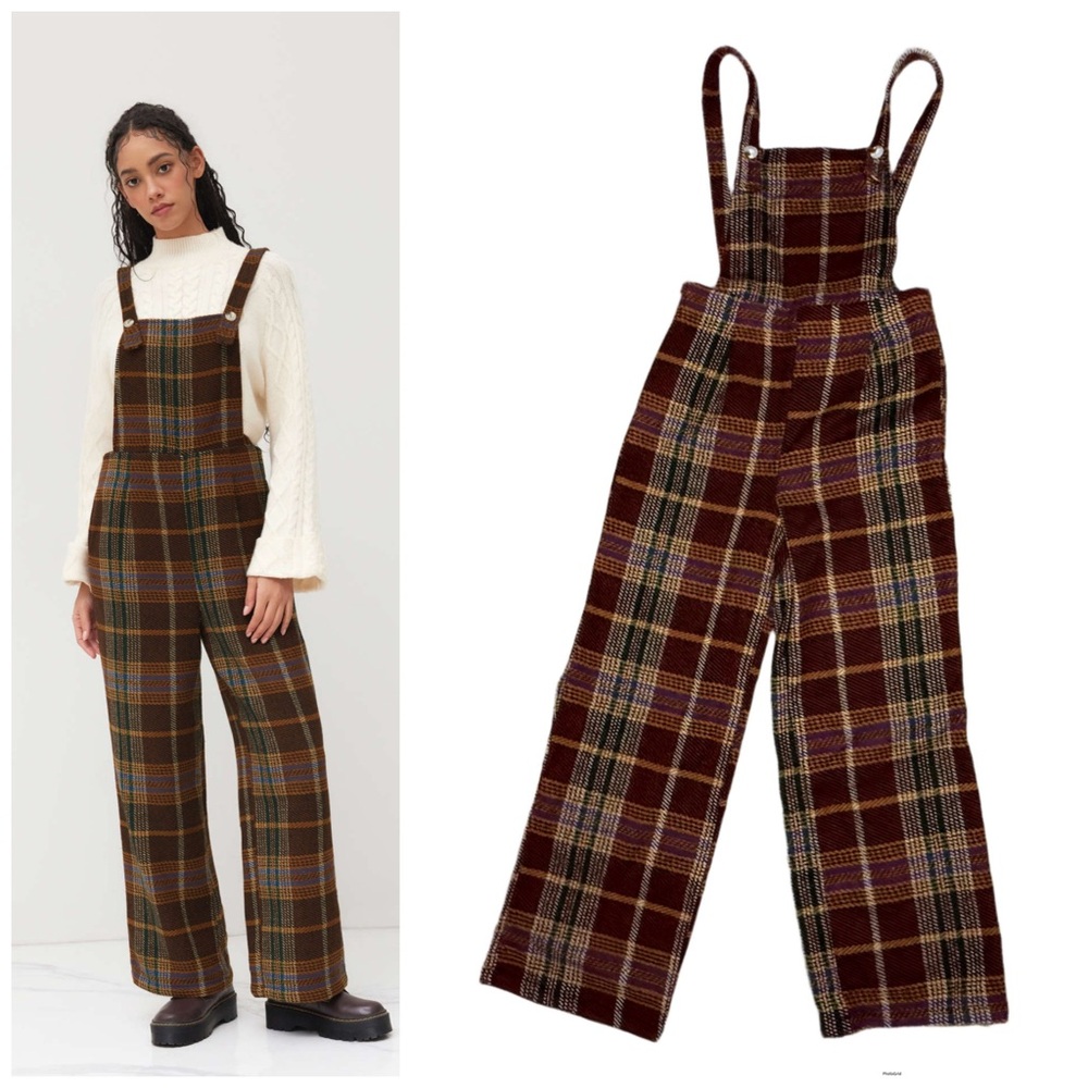 Nwt plaid brown tone cider long overall jumper pants with button closure small